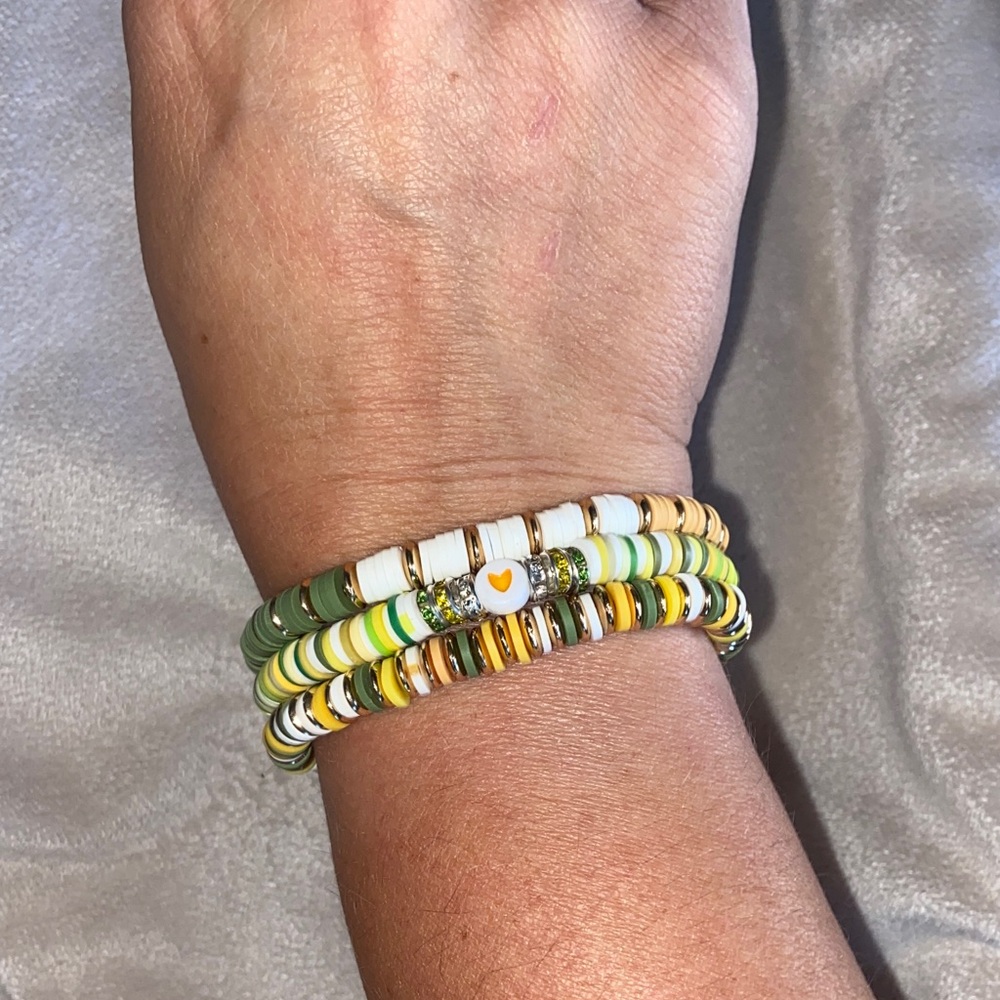 Colorful clay Beaded Bracelet Set of 3 packer themed 🏈